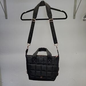 Skechers Black Quilted Tote Bag with Adjustable Strap Rose Colored Metal Trim